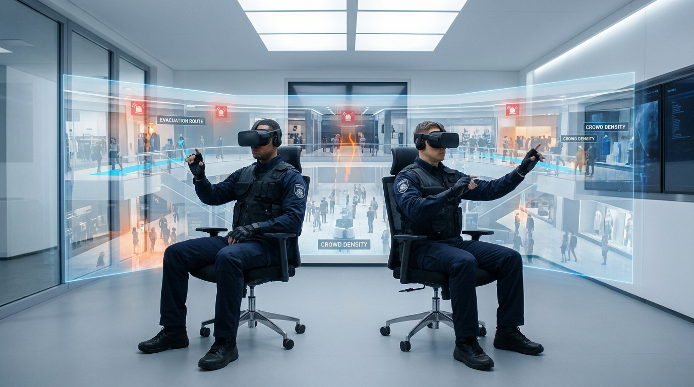 Deux agents de sécurité avec casques VR visualisant des données tactiques dans un centre commercial numérique.