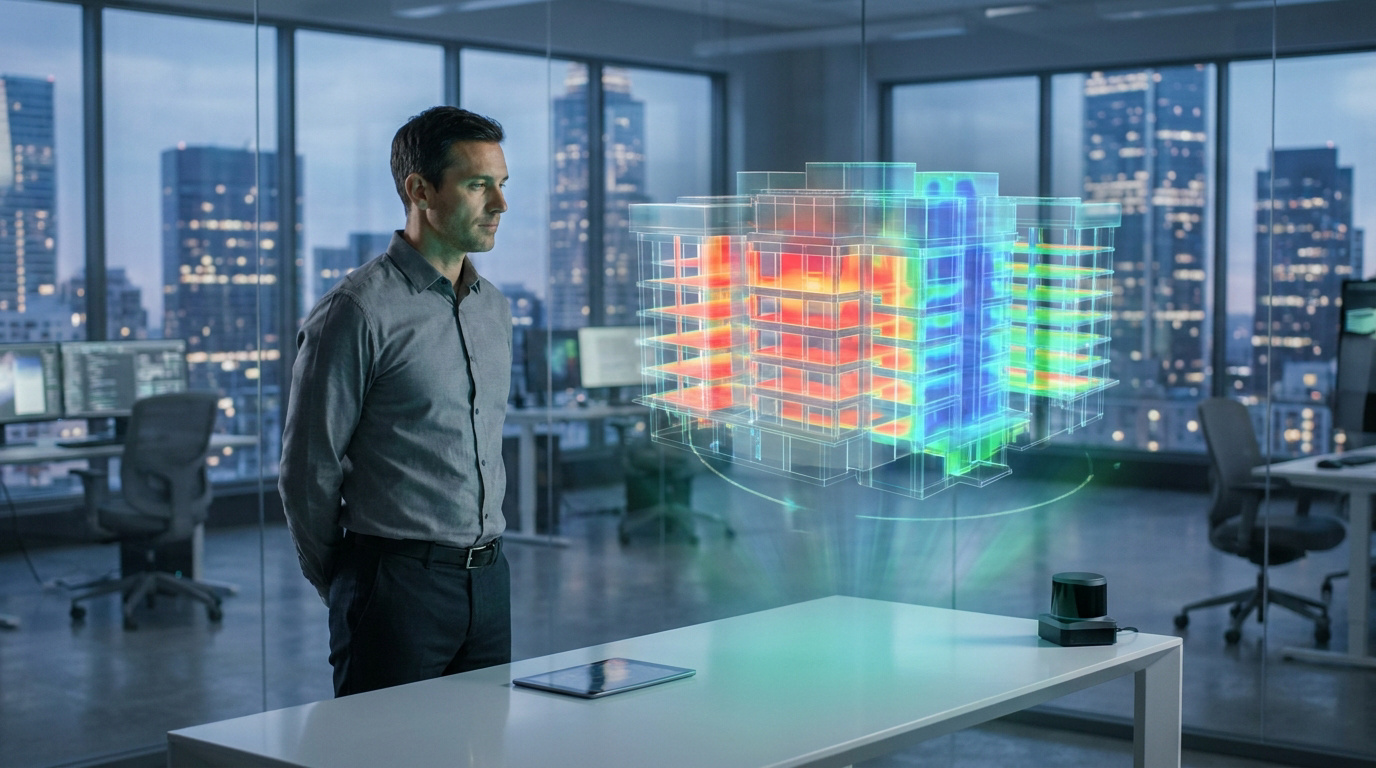 Un homme observe une projection holographique thermique d'un bâtiment dans un bureau moderne la nuit.