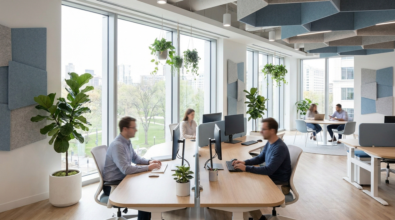 Bureau moderne en open space avec panneaux acoustiques, plantes vertes et employés travaillant devant des ordinateurs.