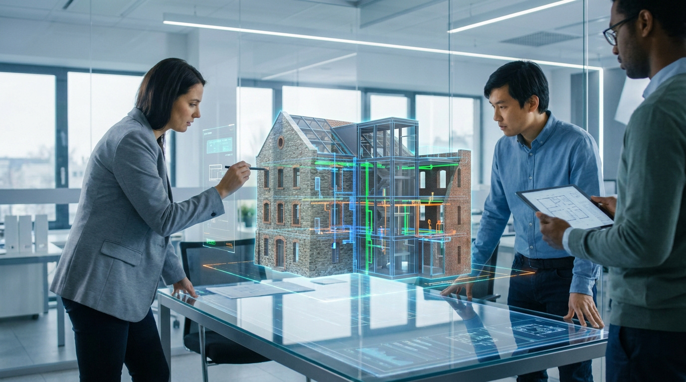 Équipe d'architectes travaillant sur une maquette 3D holographique d'un bâtiment ancien dans un bureau moderne.