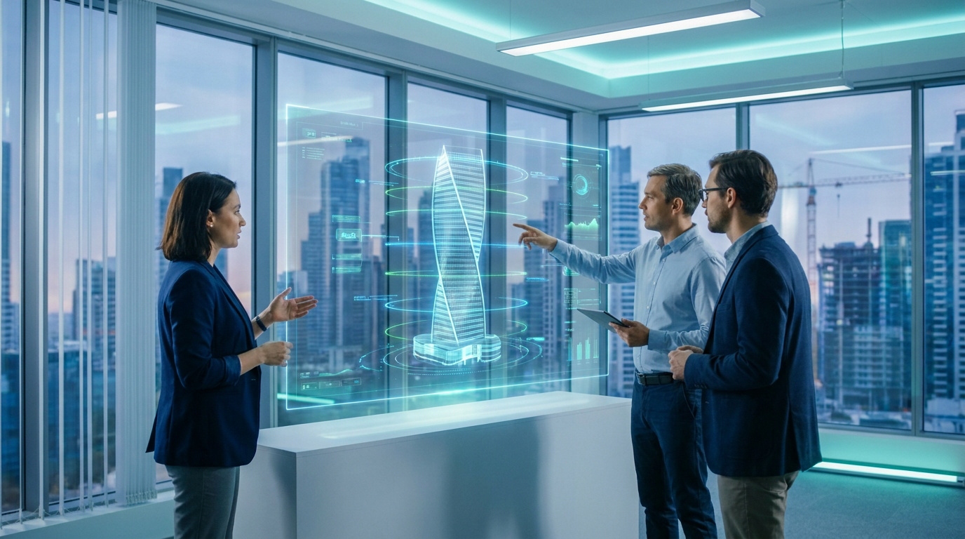 Trois professionnels travaillent sur une maquette 3D holographique d'un gratte-ciel dans un bureau moderne.