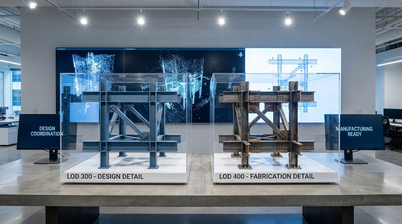 Deux modèles de structures en acier sous vitrines, illustrant les niveaux de détail BIM 300 et 400 dans un bureau moderne.