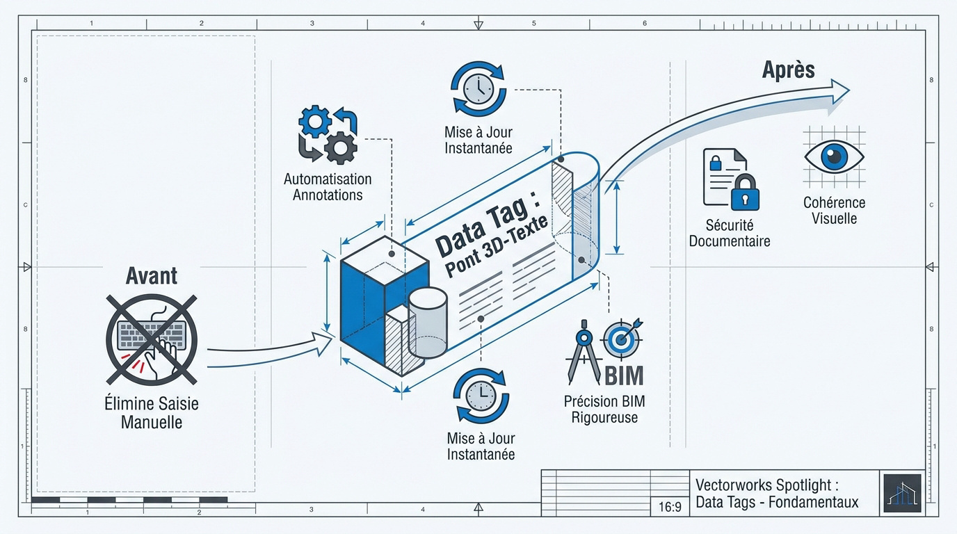 Interface Vectorworks Spotlight utilisant les étiquettes de données dynamiques