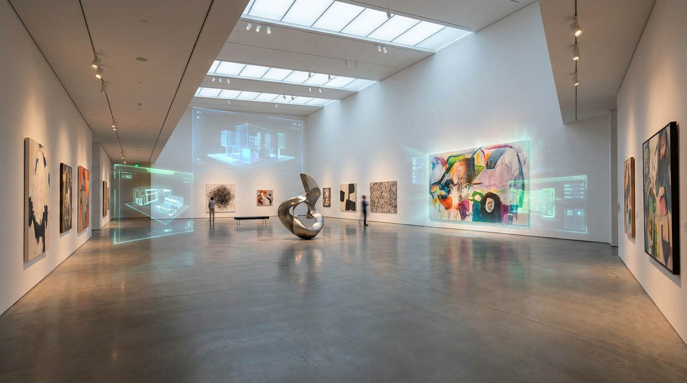 Galerie d'art moderne avec des interfaces numériques holographiques superposées aux œuvres d'art et aux murs blancs.
