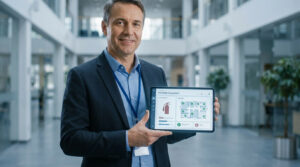 Un professionnel en costume présente une tablette affichant un logiciel de gestion de la sécurité incendie dans un bureau.