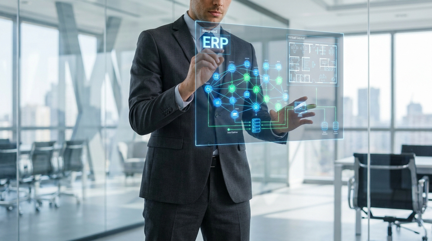 Un homme en costume interagissant avec une interface holographique représentant un système ERP dans un bureau moderne.