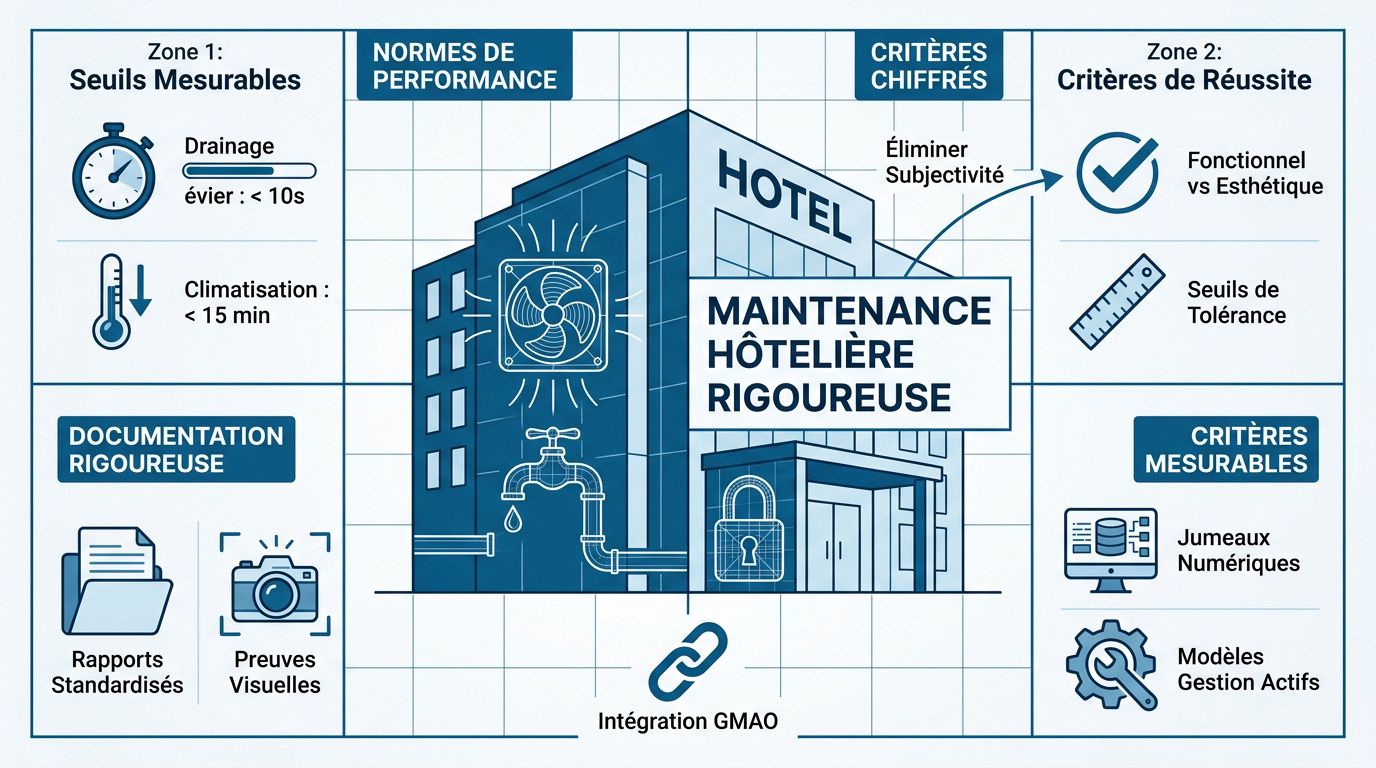 Infographie détaillant les critères de réussite et la documentation pour la maintenance hôtelière