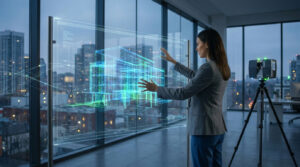Une ingénieure utilise une interface holographique pour manipuler le modèle 3D d'un bâtiment scané par un laser.
