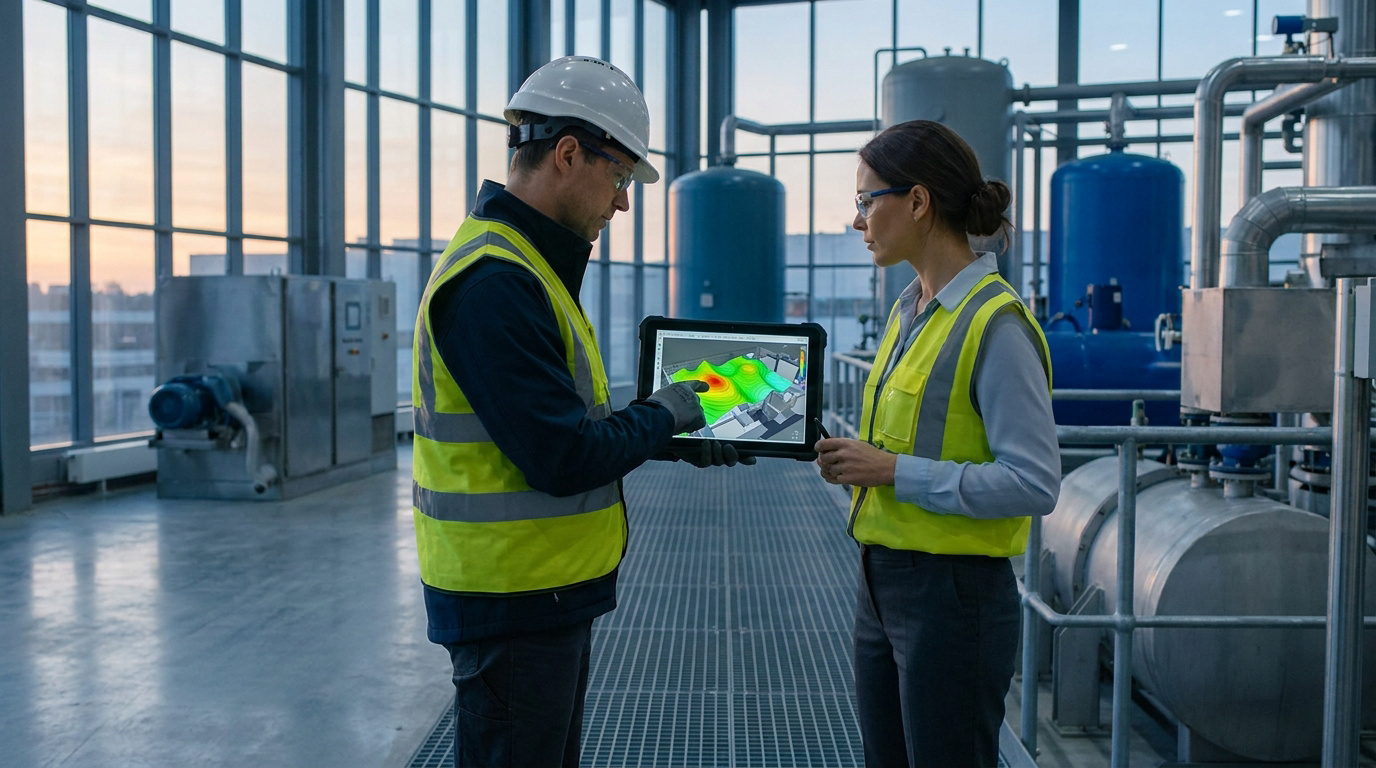 Deux ingénieurs en gilets de sécurité analysent une carte de chaleur acoustique sur une tablette dans une usine.