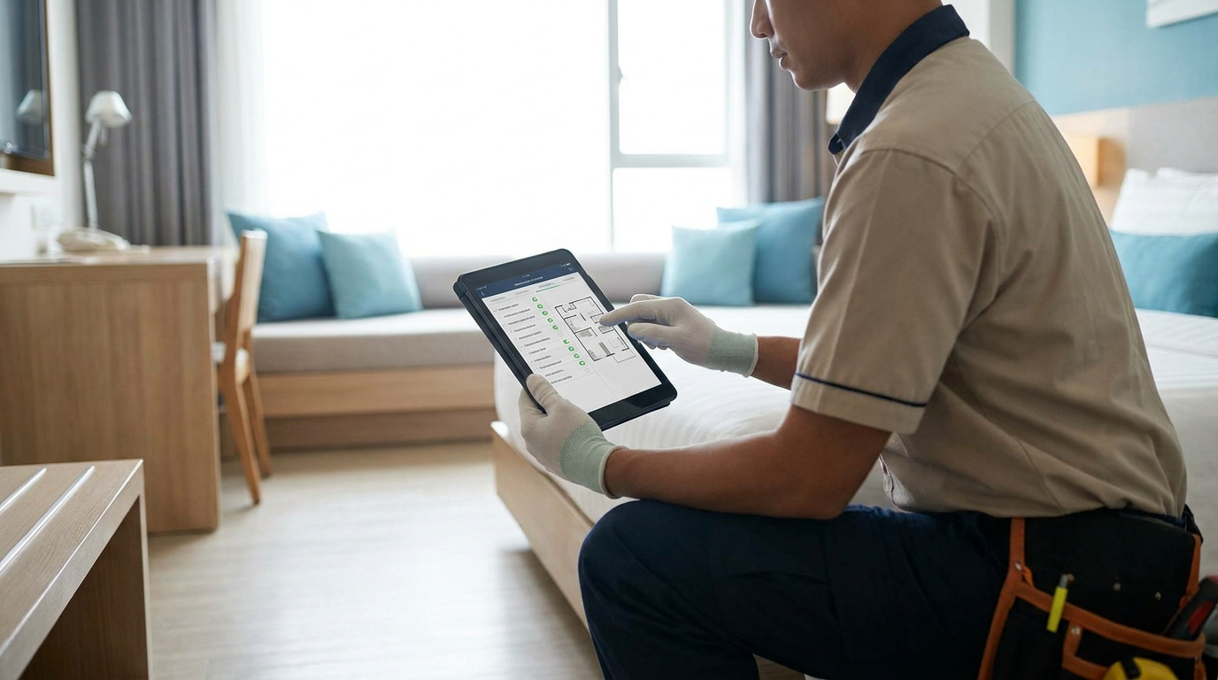 Un technicien de maintenance en uniforme vérifie une liste de contrôle numérique sur une tablette dans une chambre d'hôtel.