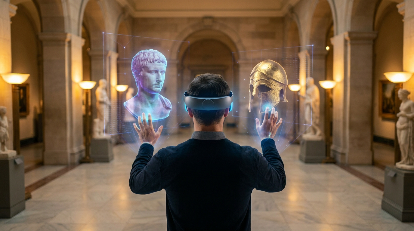Une personne utilisant un casque VR pour interagir avec des hologrammes d'artefacts antiques dans un musée classique.