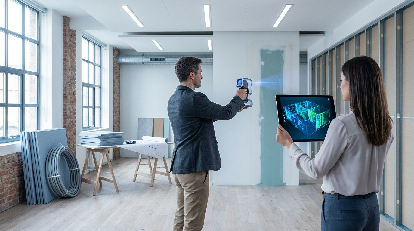 Un homme utilise un scanner 3D et une femme visualise le rendu sur une tablette dans un local commercial en rénovation.