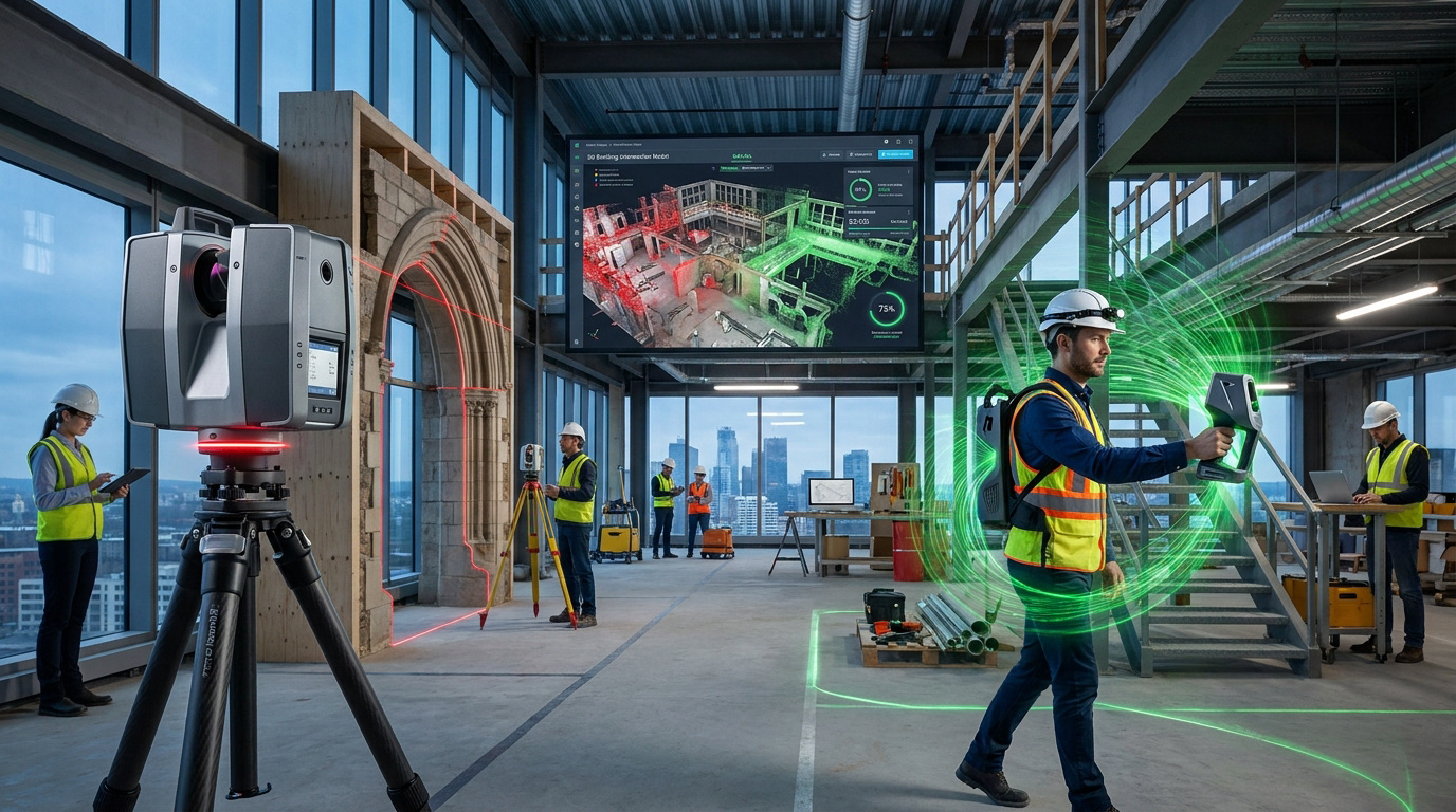 Équipe sur un chantier utilisant des scanners laser 3D statiques et mobiles pour modéliser le bâtiment.