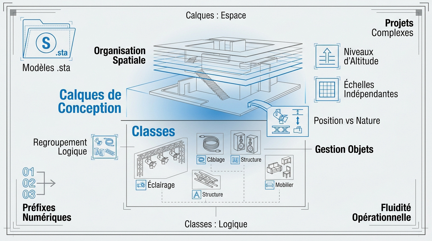 Schéma explicatif de la hiérarchie entre calques de conception et classes dans Vectorworks Spotlight