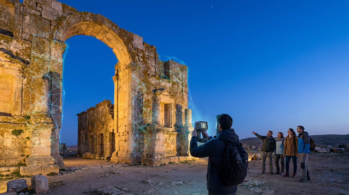 Un technicien utilise un scanner laser 3D sur des ruines antiques devant un groupe de personnes au crépuscule.