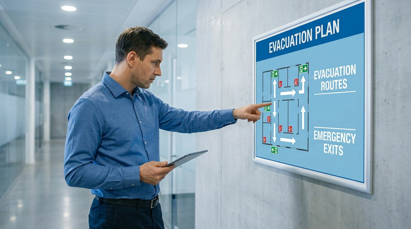 Un homme en chemise bleue vérifie un plan d'évacuation affiché sur un mur de bureau moderne.