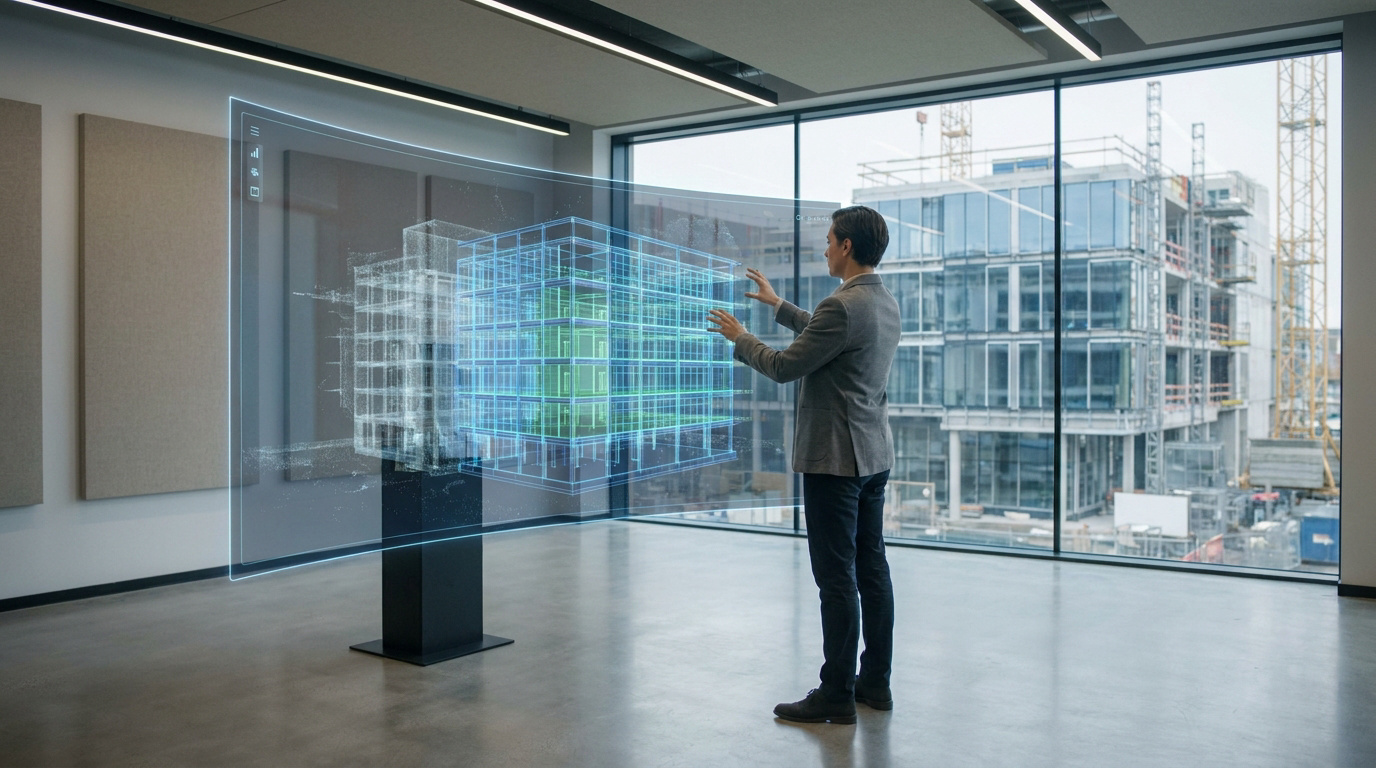 Un professionnel manipule un modèle BIM 3D holographique d'un bâtiment sur un écran transparent dans un bureau moderne.