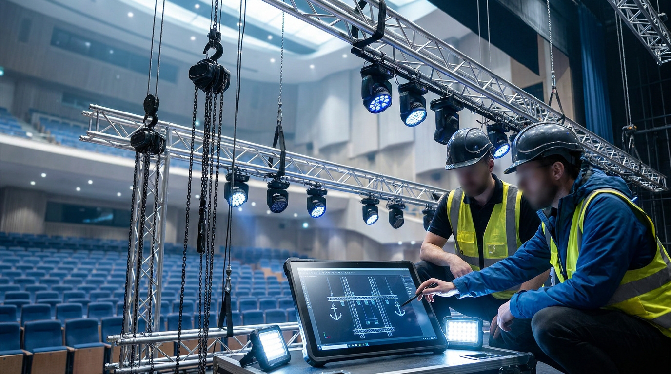 Deux techniciens en gilets de sécurité analysent un plan de rigg sur une tablette dans une salle de spectacle.