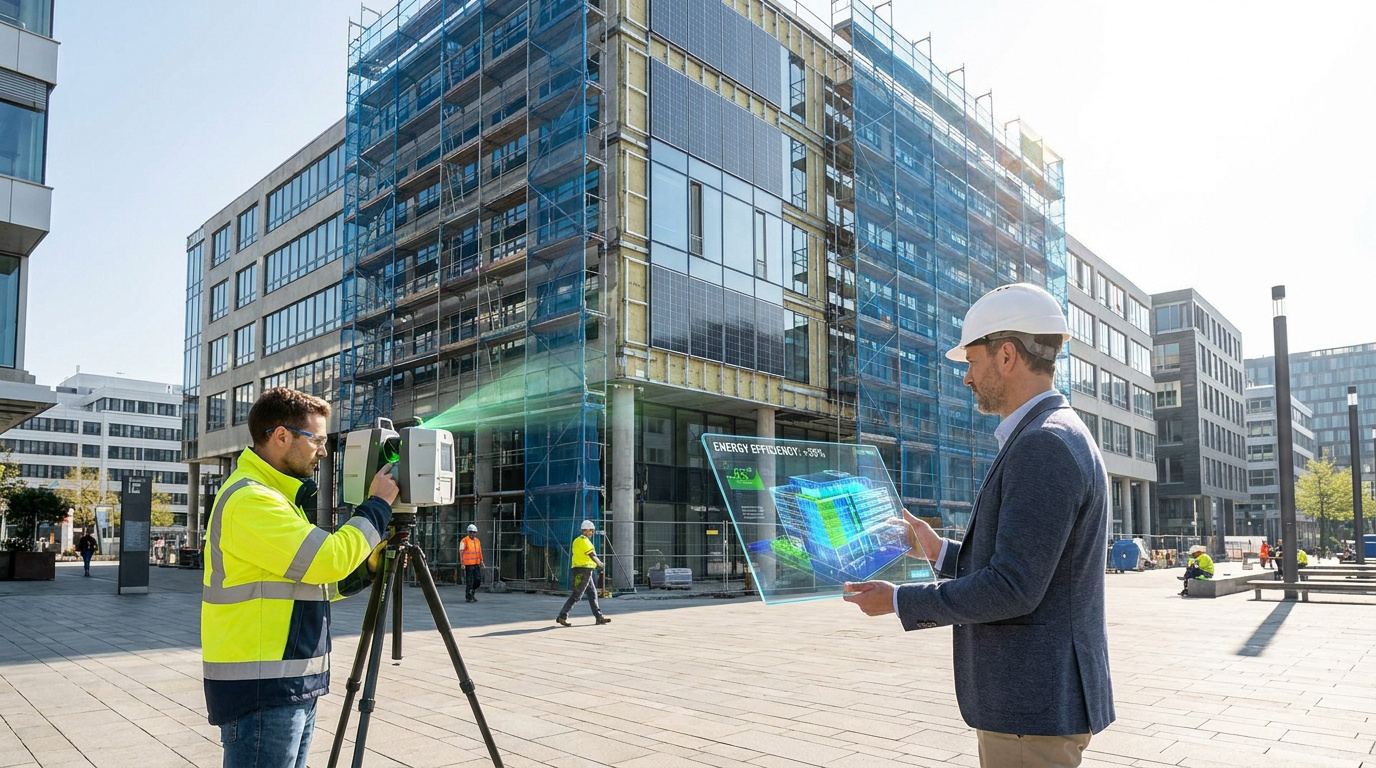 Technicien utilisant un scanner 3D sur un chantier avec un ingénieur analysant une projection holographique du bâtiment.