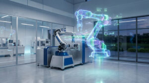 Un bras robotique industriel dans une usine avec une superposition holographique de données de performance en temps réel.