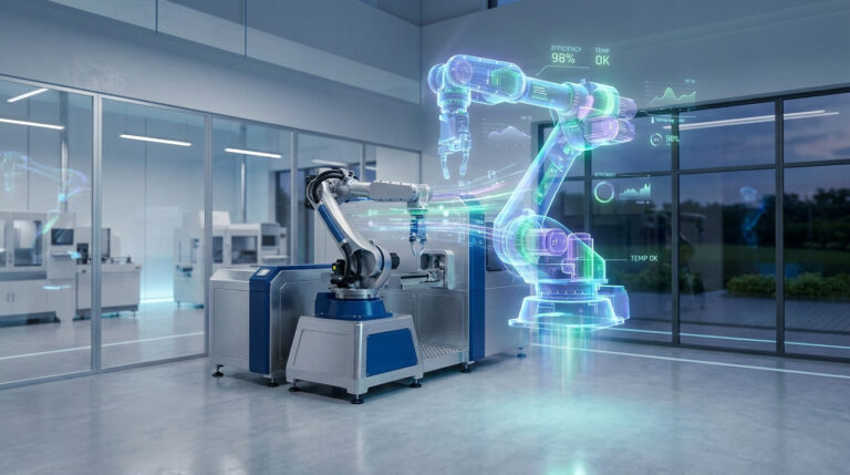 Un bras robotique industriel dans une usine avec une superposition holographique de données de performance en temps réel.