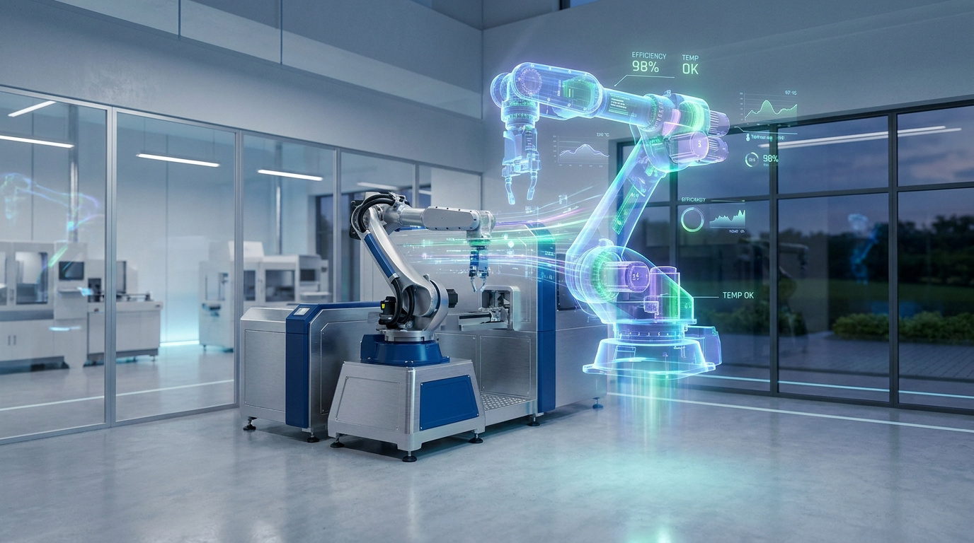 Un bras robotique industriel dans une usine avec une superposition holographique de données de performance en temps réel.