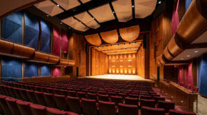 Salle de spectacle moderne avec panneaux acoustiques en bois et sièges rouges, vue depuis l'arrière.