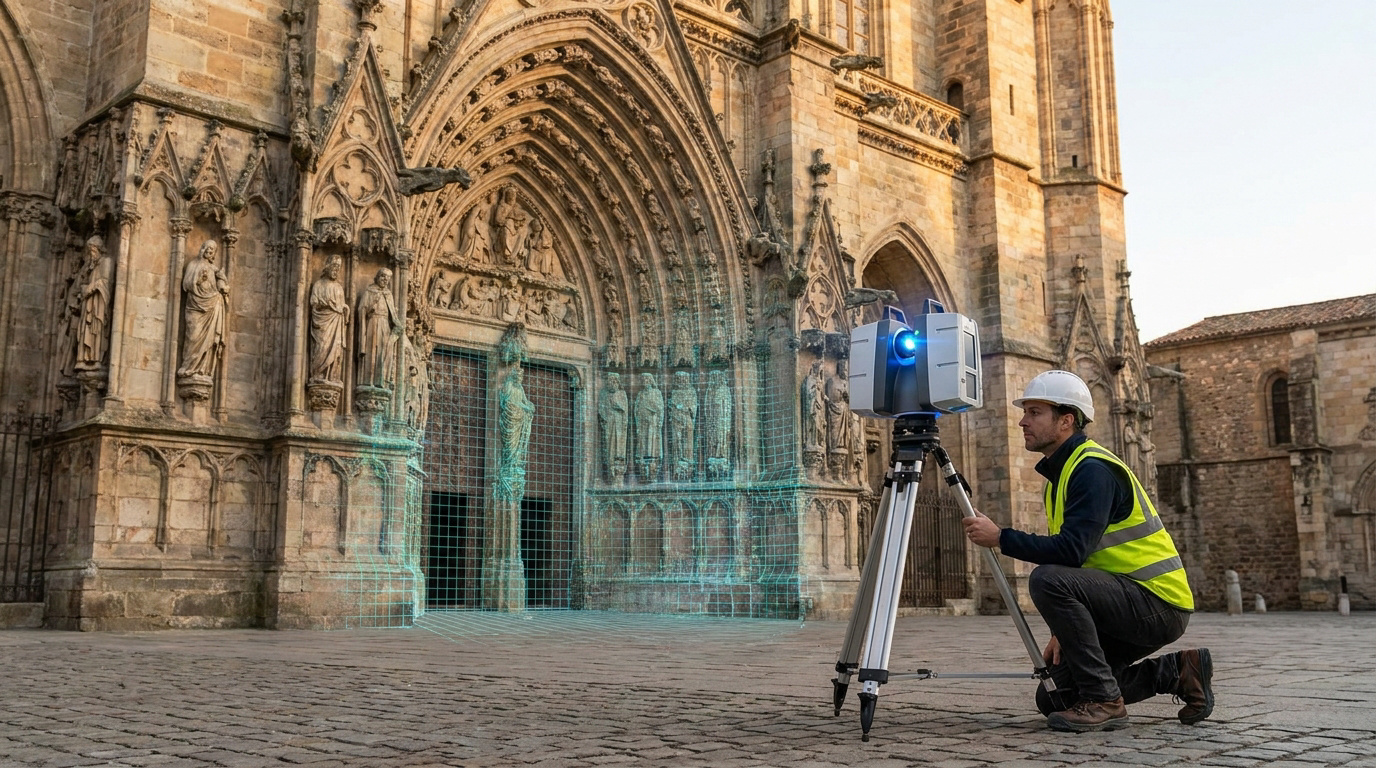 Technicien utilisant un scanner laser 3D devant la façade sculptée d'une cathédrale ancienne avec une projection numérique.