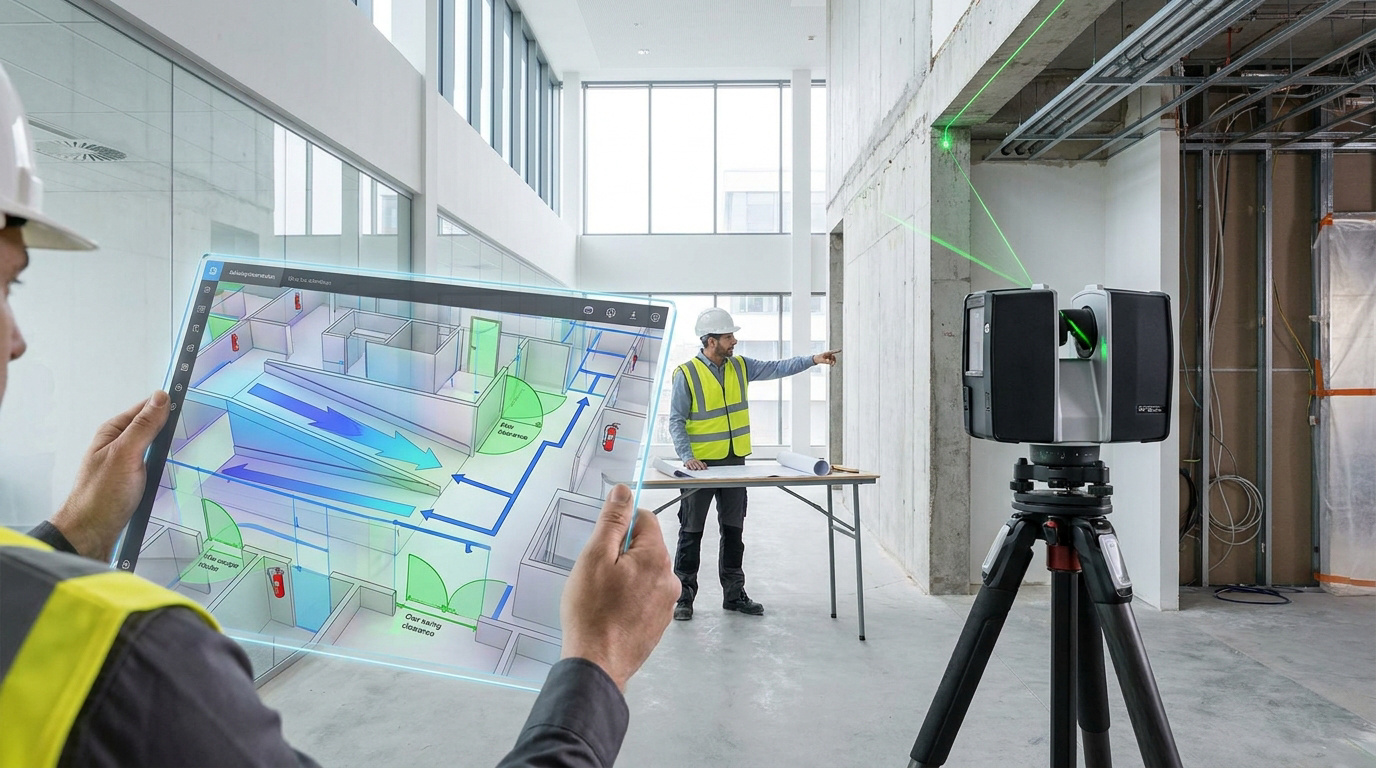 Un ingénieur utilise une tablette transparente pour visualiser un plan 3D pendant qu'un scanner laser cartographie une pièce.