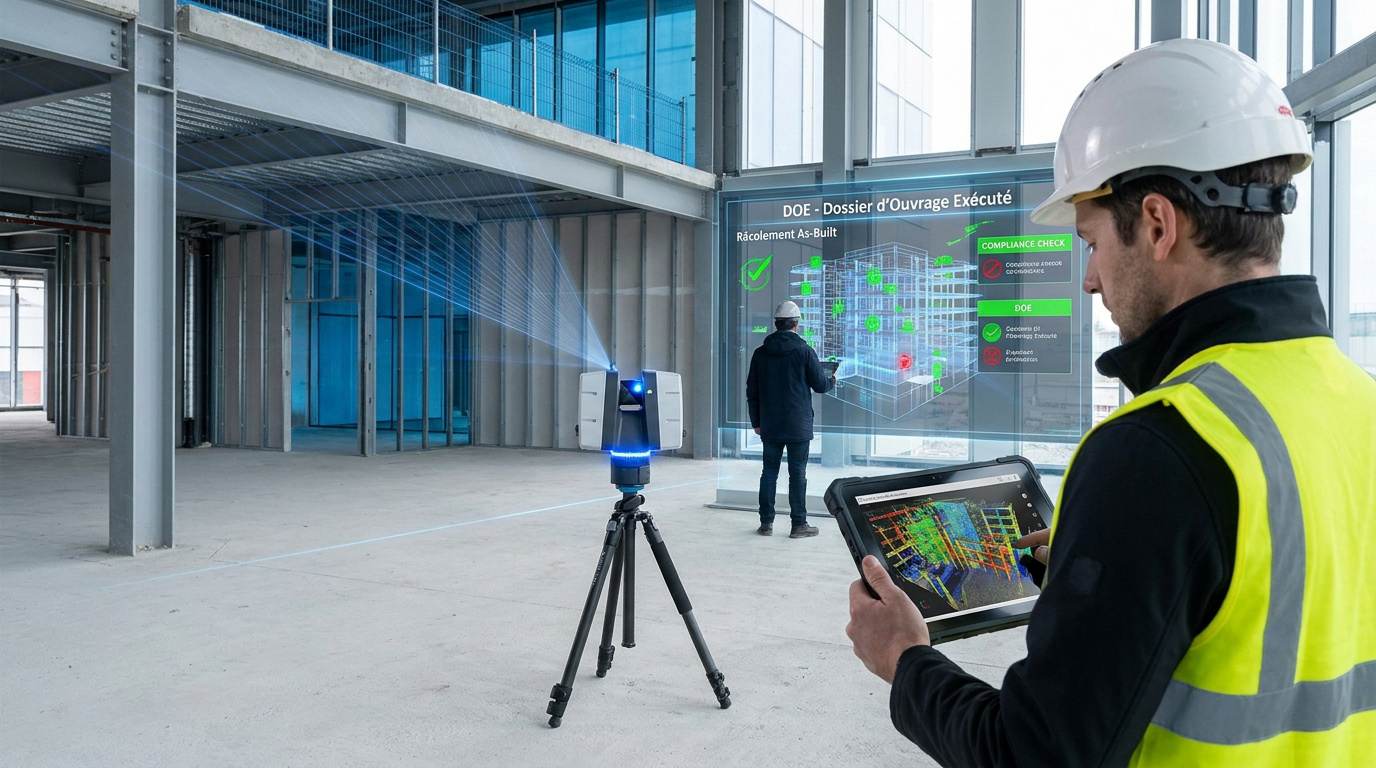 Un technicien utilise un scanner laser 3D sur un chantier pour créer un modèle numérique « As-Built » précis.