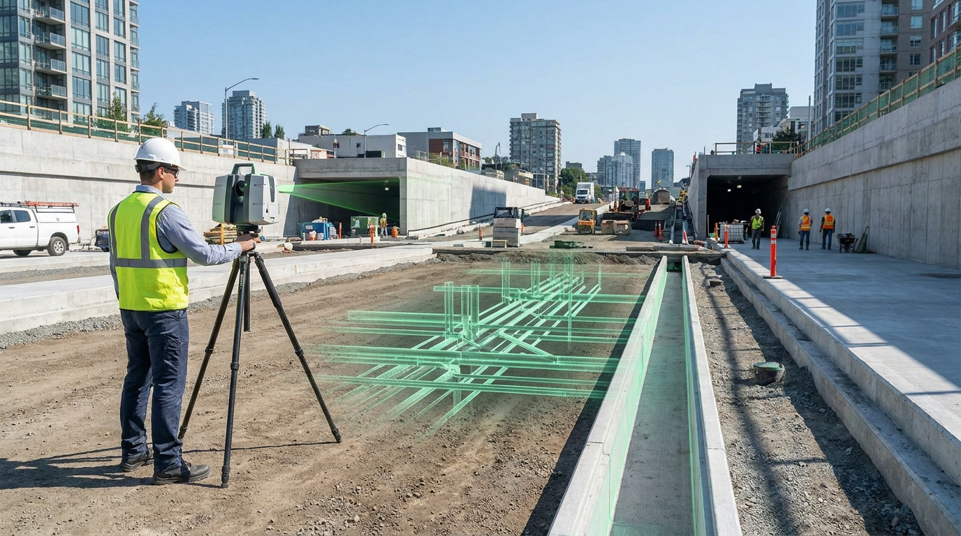 Un géomètre utilise un scanner laser 3D sur un chantier de construction pour visualiser des réseaux enterrés en réalité augmentée.
