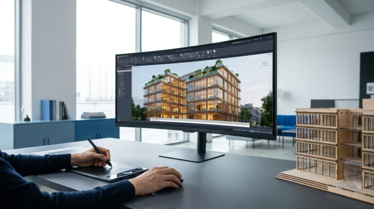 Un architecte utilise une tablette graphique pour concevoir un bâtiment 3D sur un grand écran dans un bureau moderne.