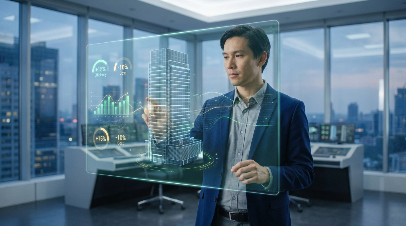 Un professionnel en costume manipule une interface holographique représentant un bâtiment et des indicateurs de performance.