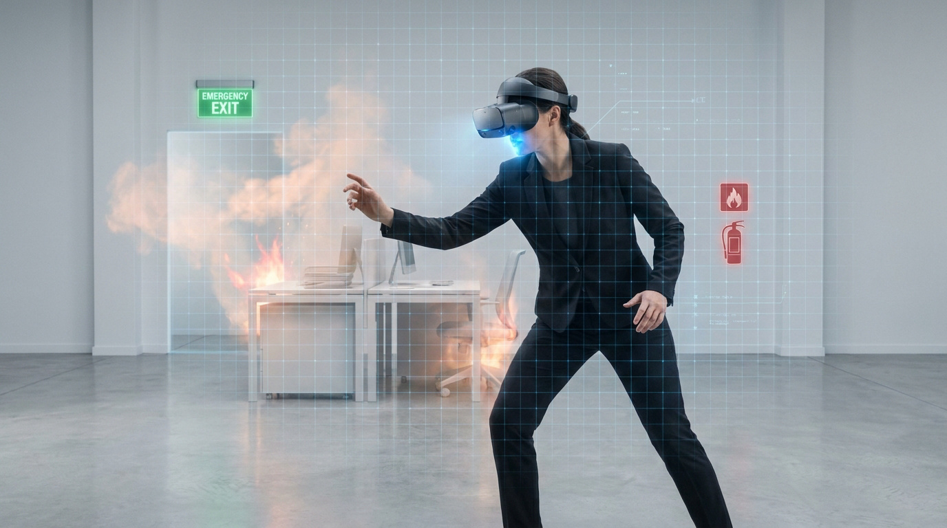 Une personne équipée d'un casque VR simulant un incendie de bureau avec des interfaces numériques superposées.