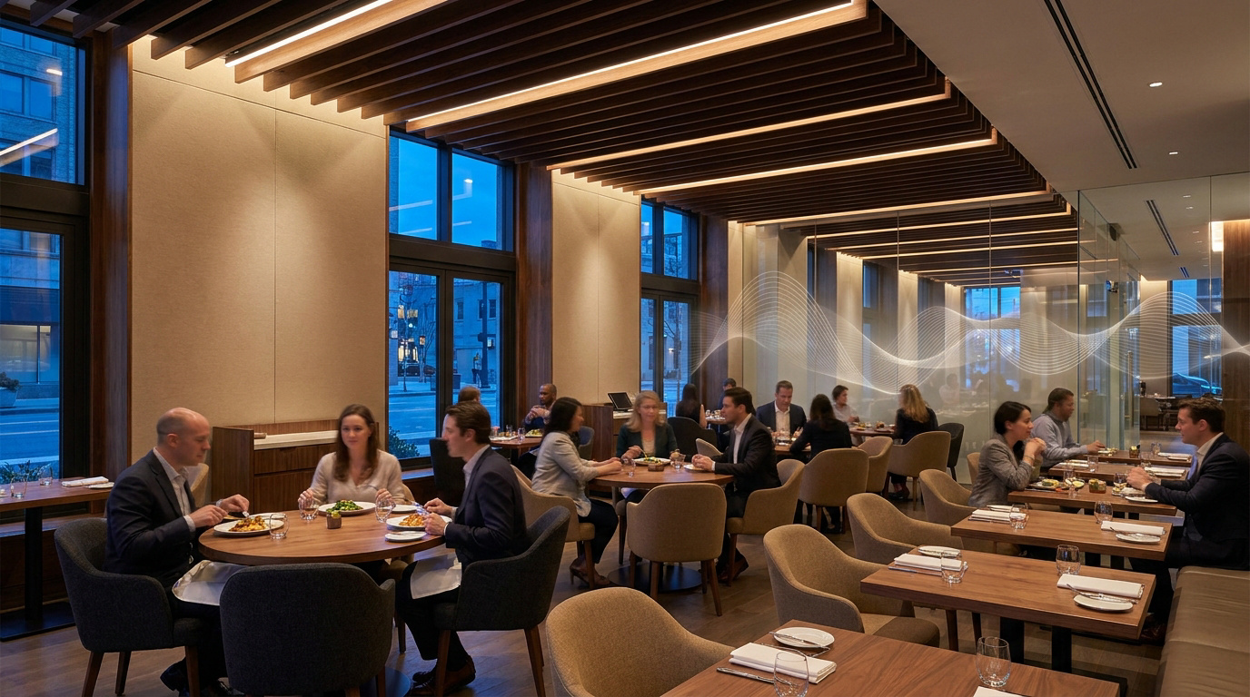Clients attablés dans un restaurant élégant avec des ondes sonores stylisées illustrant la gestion acoustique.