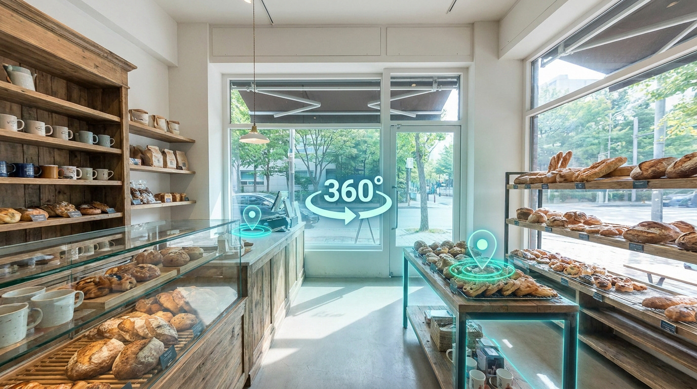 Intérieur d'une boulangerie chaleureuse avec des rayons de pain et des icônes de navigation pour une visite virtuelle 360°.
