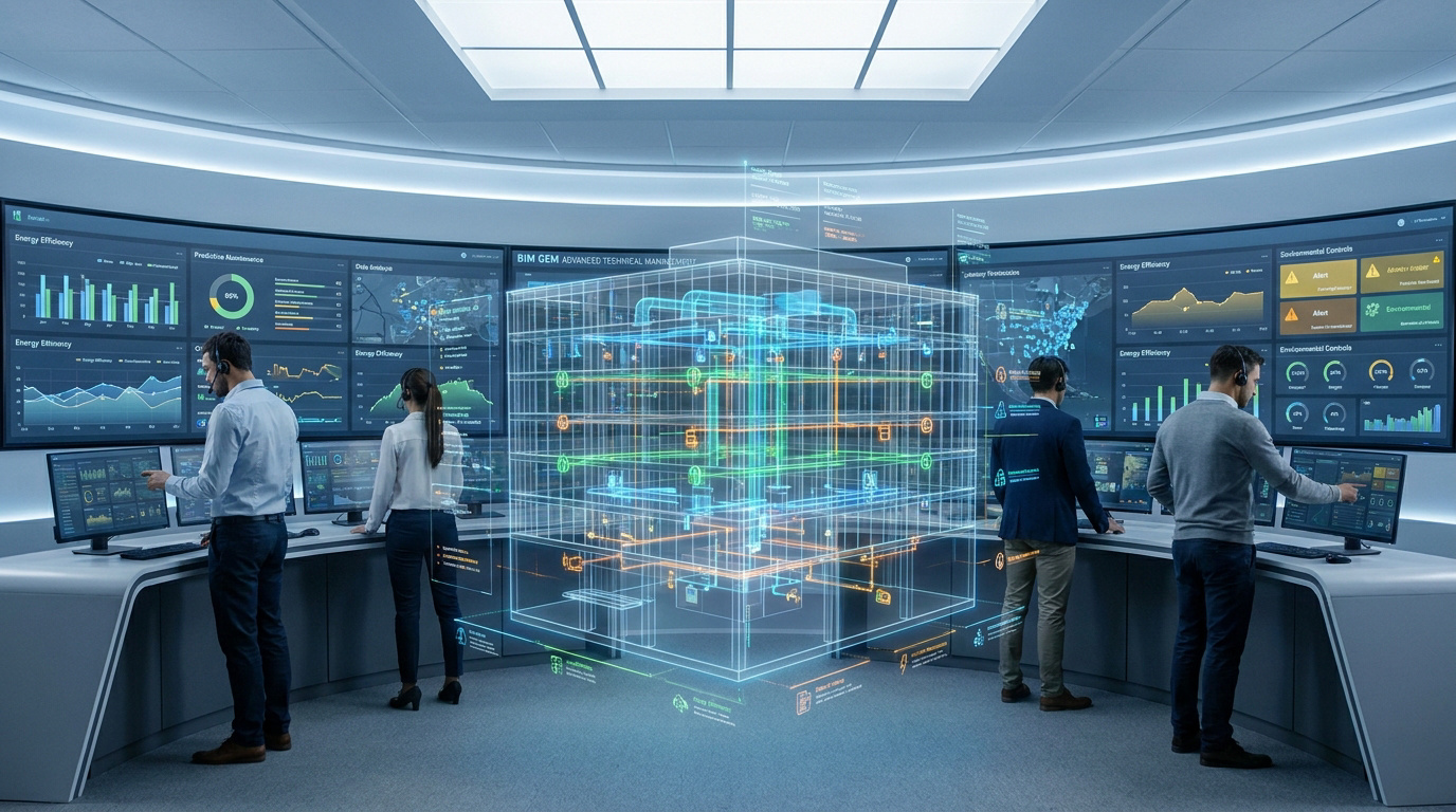 Équipe travaillant dans une salle de contrôle moderne sur un modèle BIM 3D holographique pour la gestion de bâtiment.