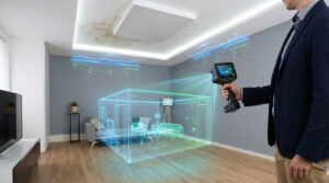 Un expert utilise un scanner 3D pour numériser un salon montrant une trace d'humidité et une fissure au plafond.