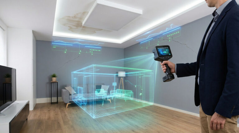 Un expert utilise un scanner 3D pour numériser un salon montrant une trace d'humidité et une fissure au plafond.