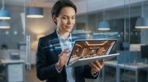 Une femme d'affaires utilise une tablette affichant une interface holographique pour transférer un espace 3D Matterport.