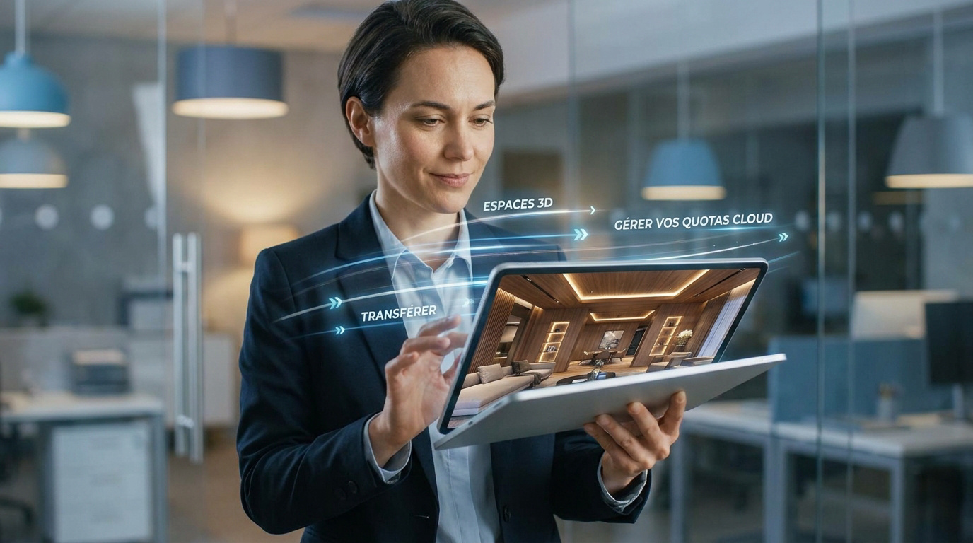 Une femme d'affaires utilise une tablette affichant une interface holographique pour transférer un espace 3D Matterport.