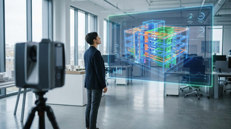 Une ingénieure regarde une modélisation 3D holographique d'un bâtiment créée par un scanner laser dans un bureau.