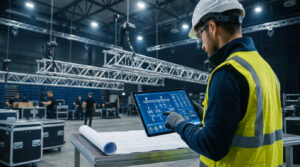 Un technicien avec casque et gilet de sécurité vérifie un plan de rigging sur une tablette dans une salle d'événement.