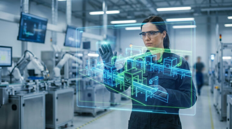 Une ingénieure utilise une interface holographique pour visualiser une ligne de production dans une usine moderne.