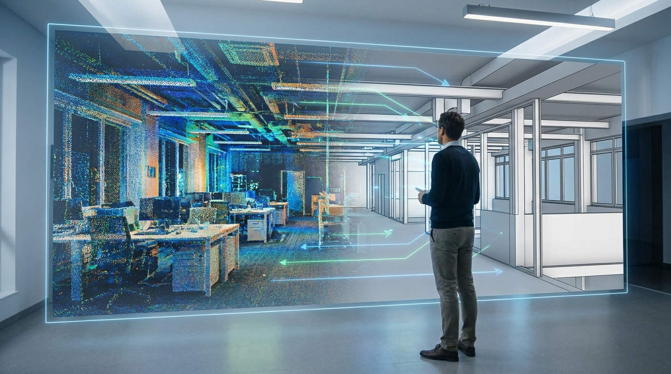 Un professionnel visualise un nuage de points Matterport transformé en modèle BIM Revit sur un écran interactif.