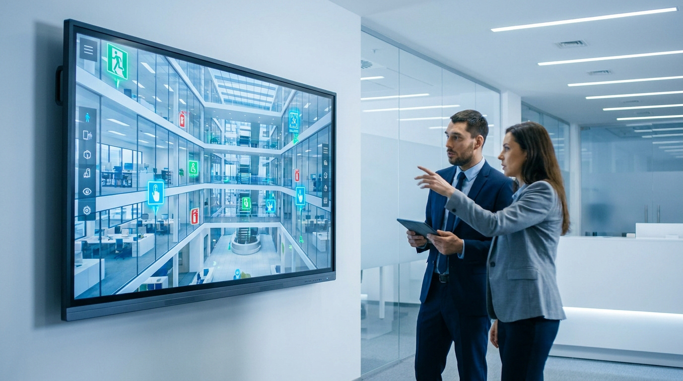 Professionnels examinant une visite virtuelle Matterport sur écran tactile pour la sécurité incendie en entreprise.