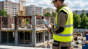 Un technicien portant un gilet réfléchissant utilise un sonomètre pour mesurer le niveau sonore sur un chantier.