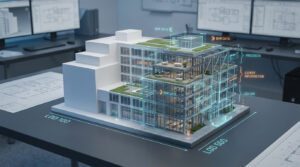 Maquette architecturale montrant une transition du concept LOD 100 au LOD 500 avec des données numériques superposées.