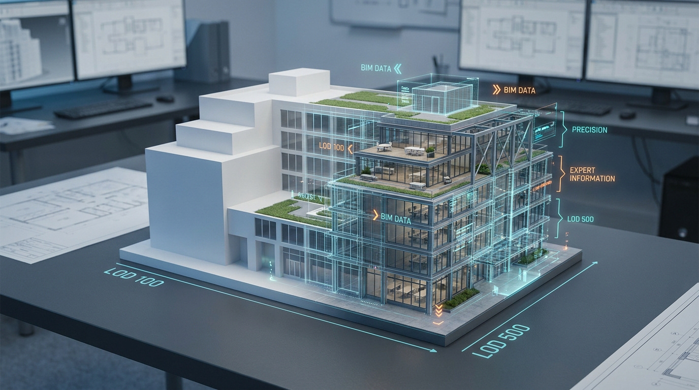 Maquette architecturale montrant une transition du concept LOD 100 au LOD 500 avec des données numériques superposées.