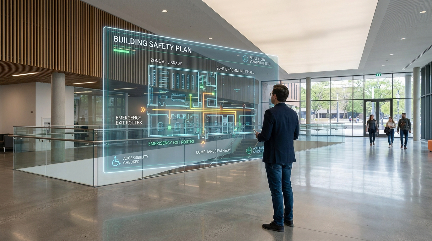 Un homme examine un plan de sécurité holographique projeté dans un hall moderne.